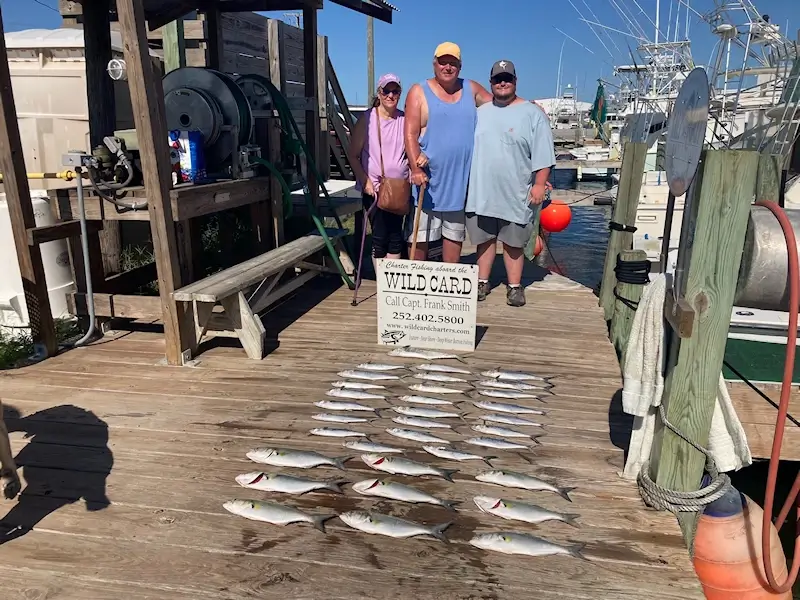 Charter group standing at the Wanchese Marina dock behind an awesome catch of a variety of fish.